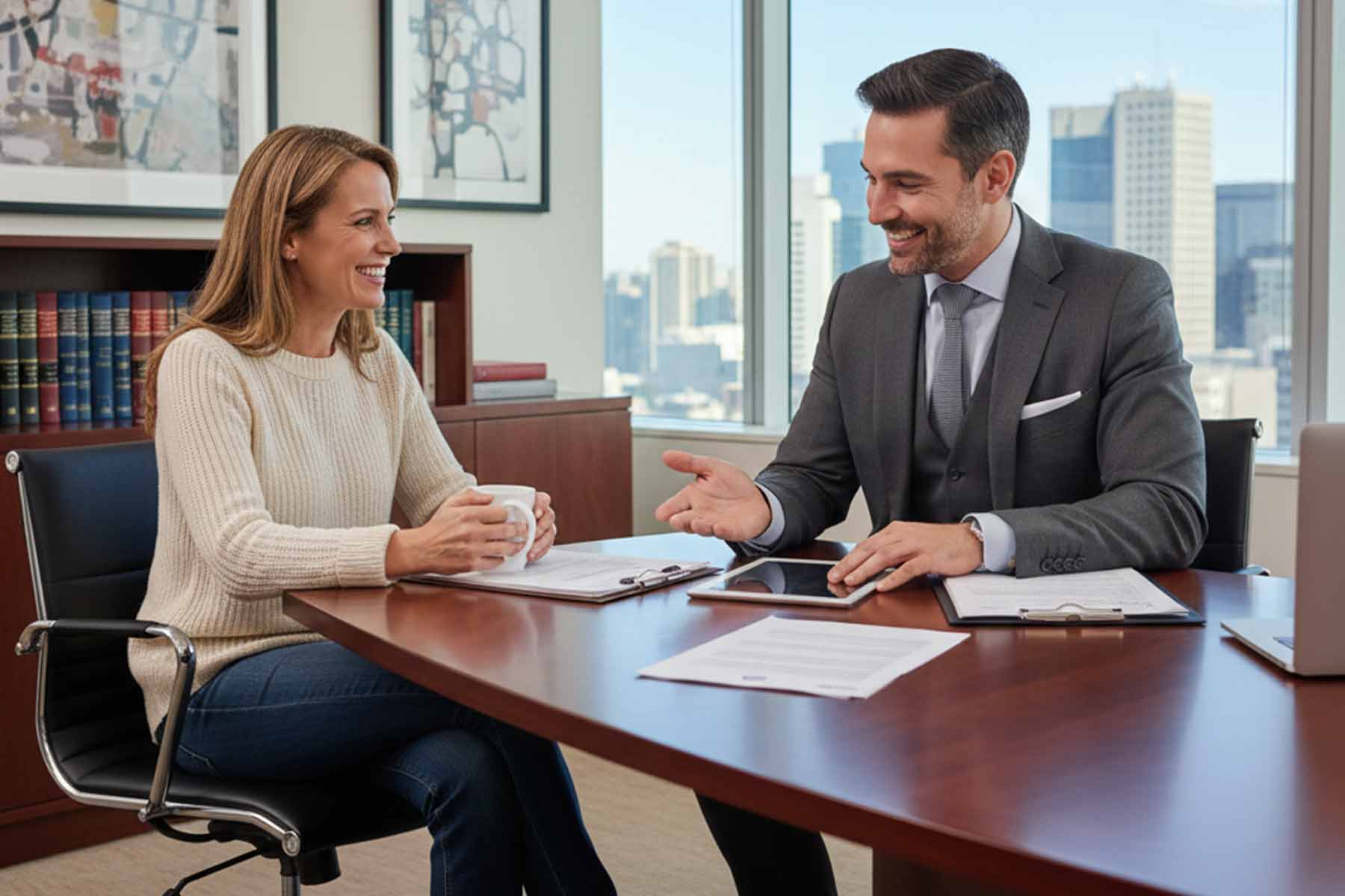 A business lawyer and client having a legal consultation at a law office