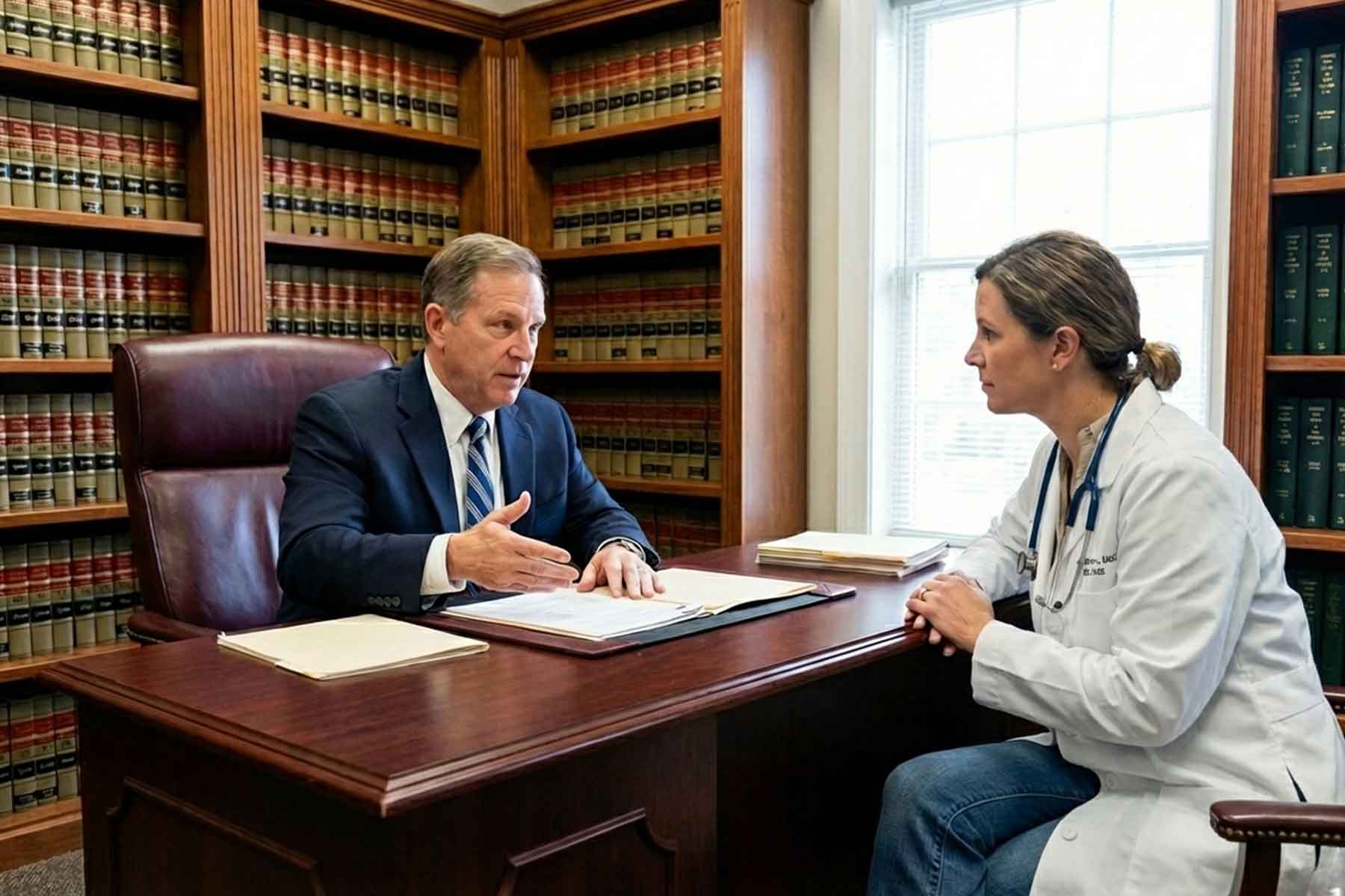 A medical lawyer having a legal consultation with a doctor